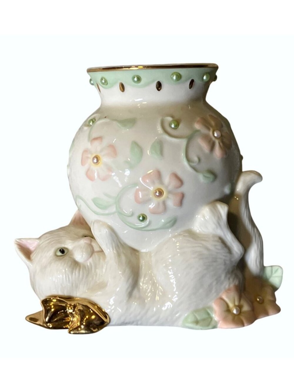 Lenox Petals & Pearls Cat Bud Vase With Floral and Gold Colored Accents - Picture 4 of 16